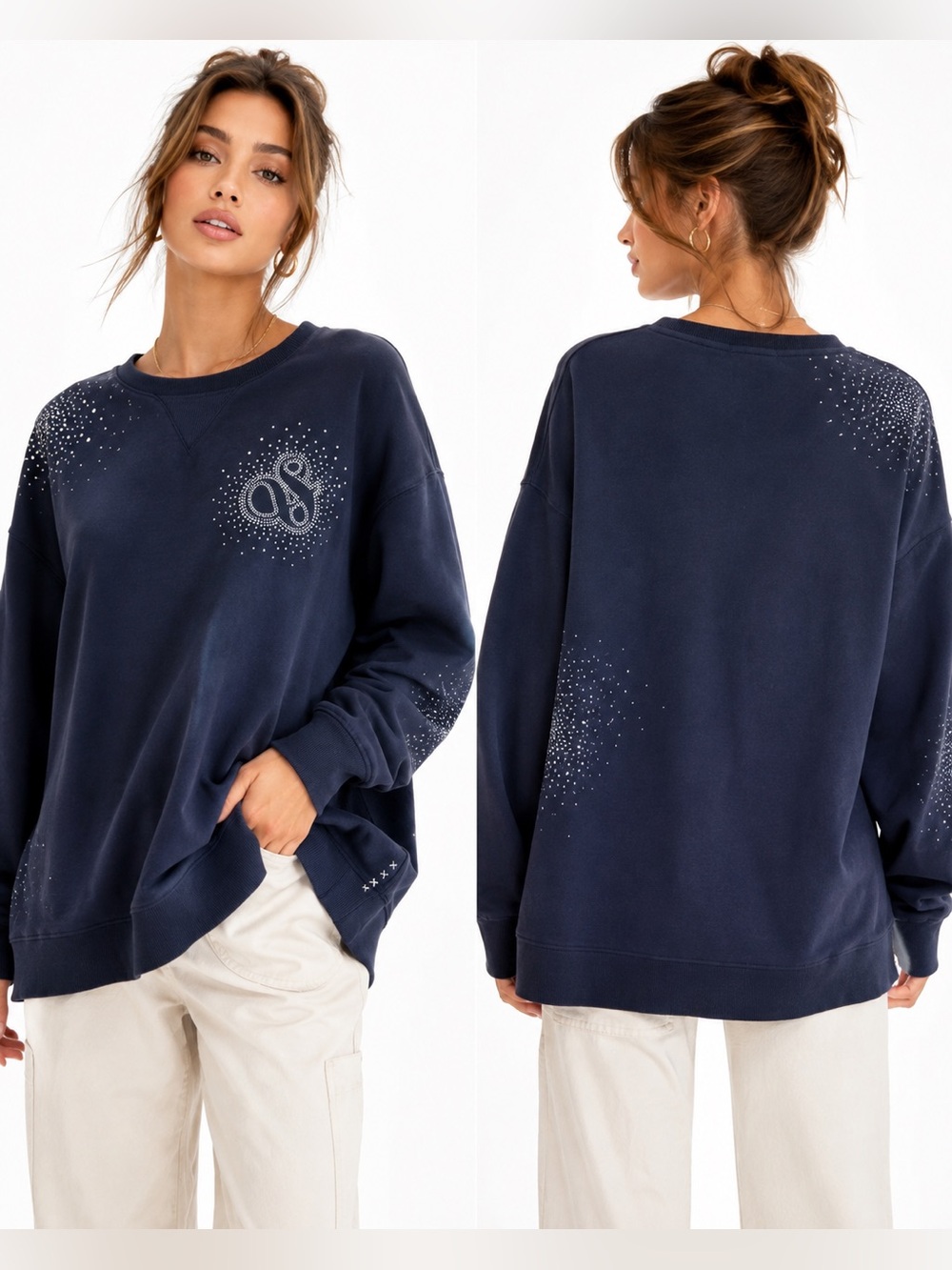 Scotch & Soda Rhinestone Embellished Navy Sweatshirt XL NWT $118